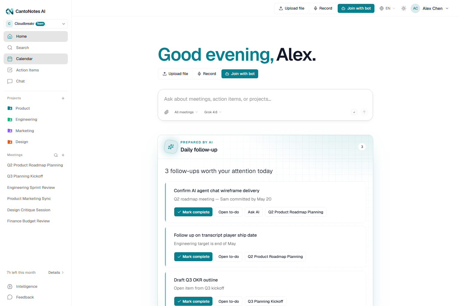 CantoNotes home dashboard with AI briefing, action items, and recent meetings